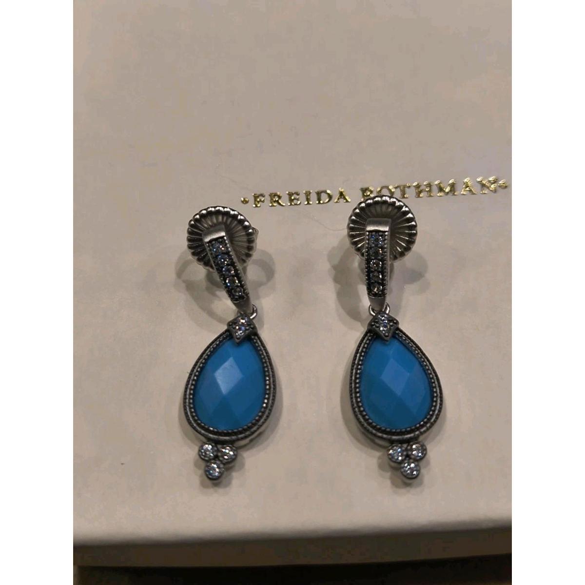 Freida Rothman Teardrop Cz Sterling Silver Turquoise Dangle Pave Earrings New